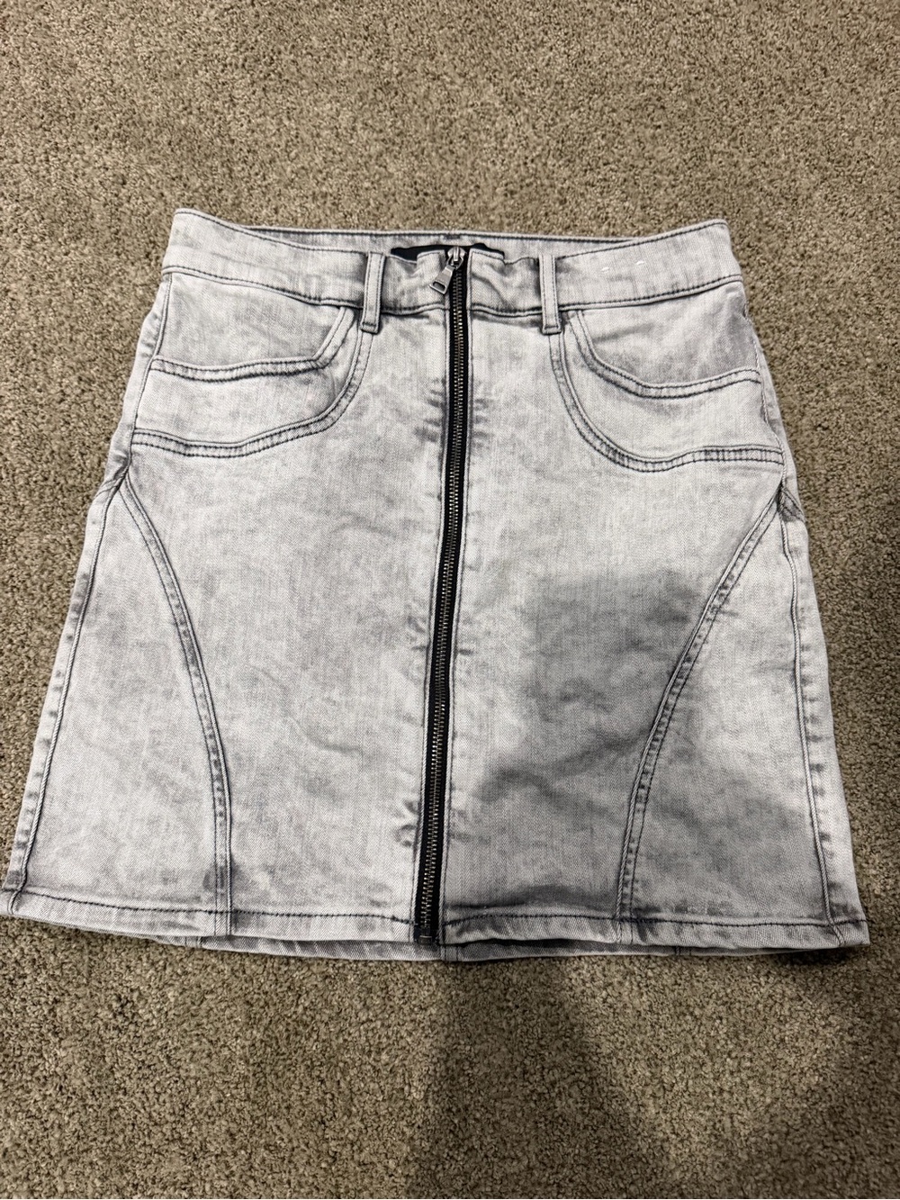 Express Light Gray Denim Mini Skirt with Front Zip